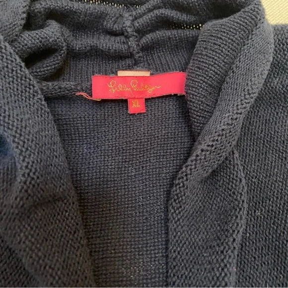 Lilly Pulitzer Tatum Cardigan Sweater XL Navy Fringe Trim Hem Open Front Long - Picture 3 of 11